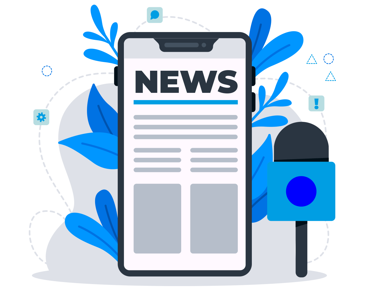 A cell phone with a newspaper on it and a microphone.