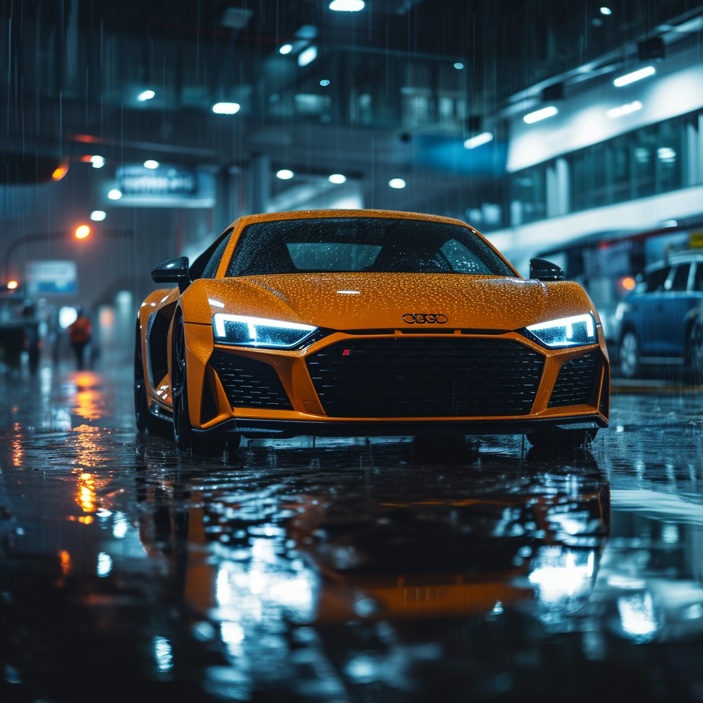 A yellow sports car is parked in the rain on a wet street.