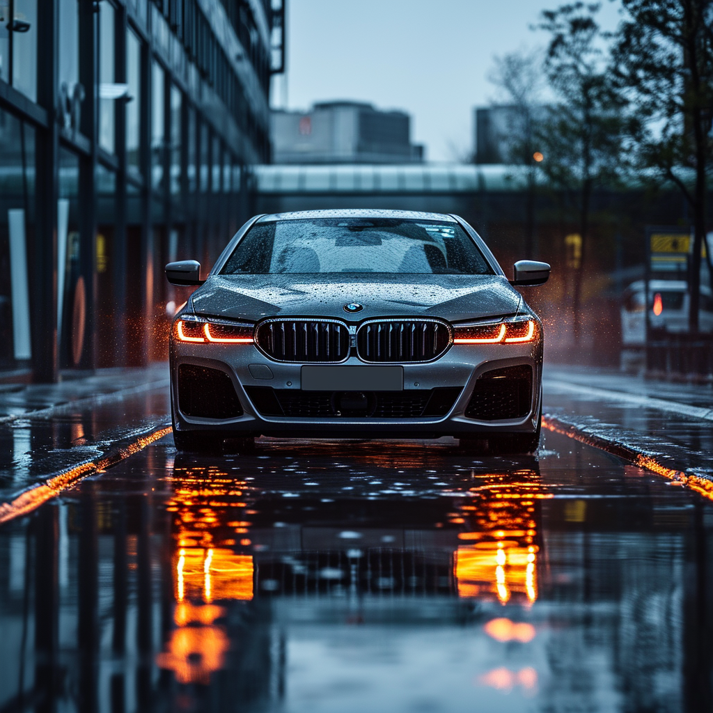 A bmw is parked in the rain on a wet street.