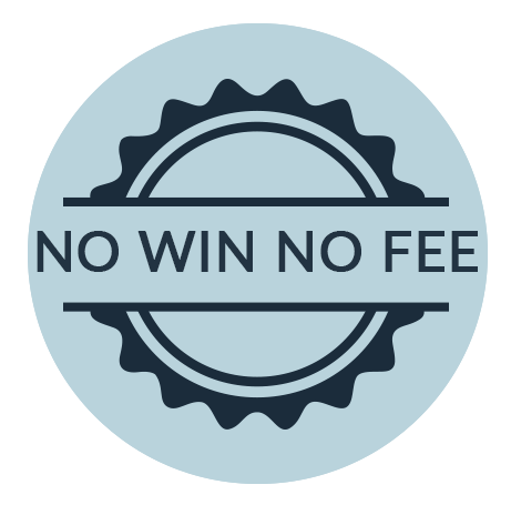 A blue circle with the words `` no win no fee '' written inside of it.